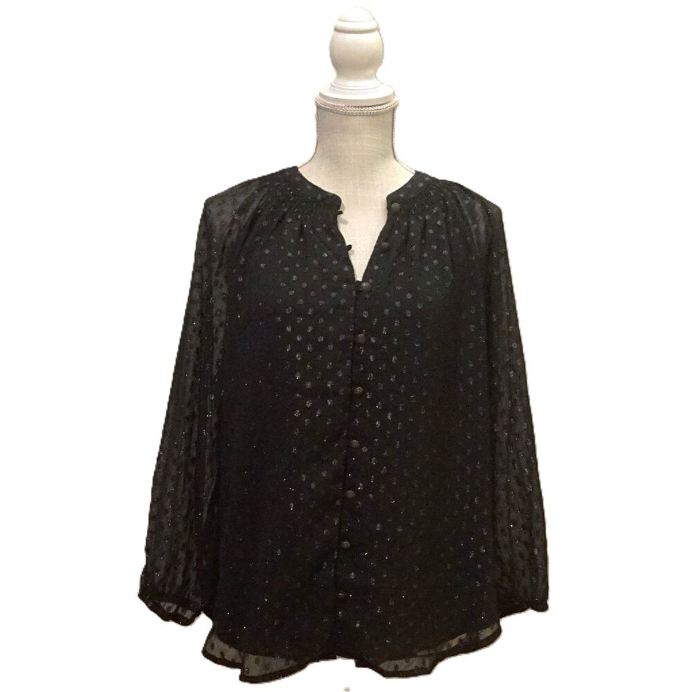 Mason & Belle Black with Textured Shimmer Dot 3/4 Sleeve Blouse Women’s Medium